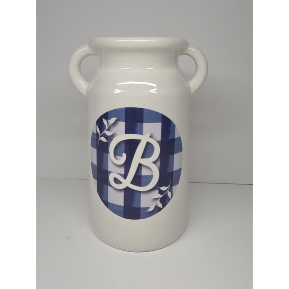 Blue Gingham Farmhouse Utensil Canister Kitchen Vase Jug Decor Initial B - Picture 1 of 2